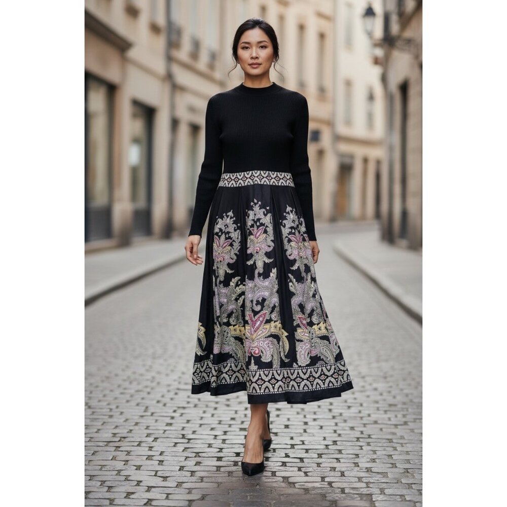 Dalia Macphee Paisley Long Maxi Dress Womens XL Black Fit Flare Mock Neck Flowy